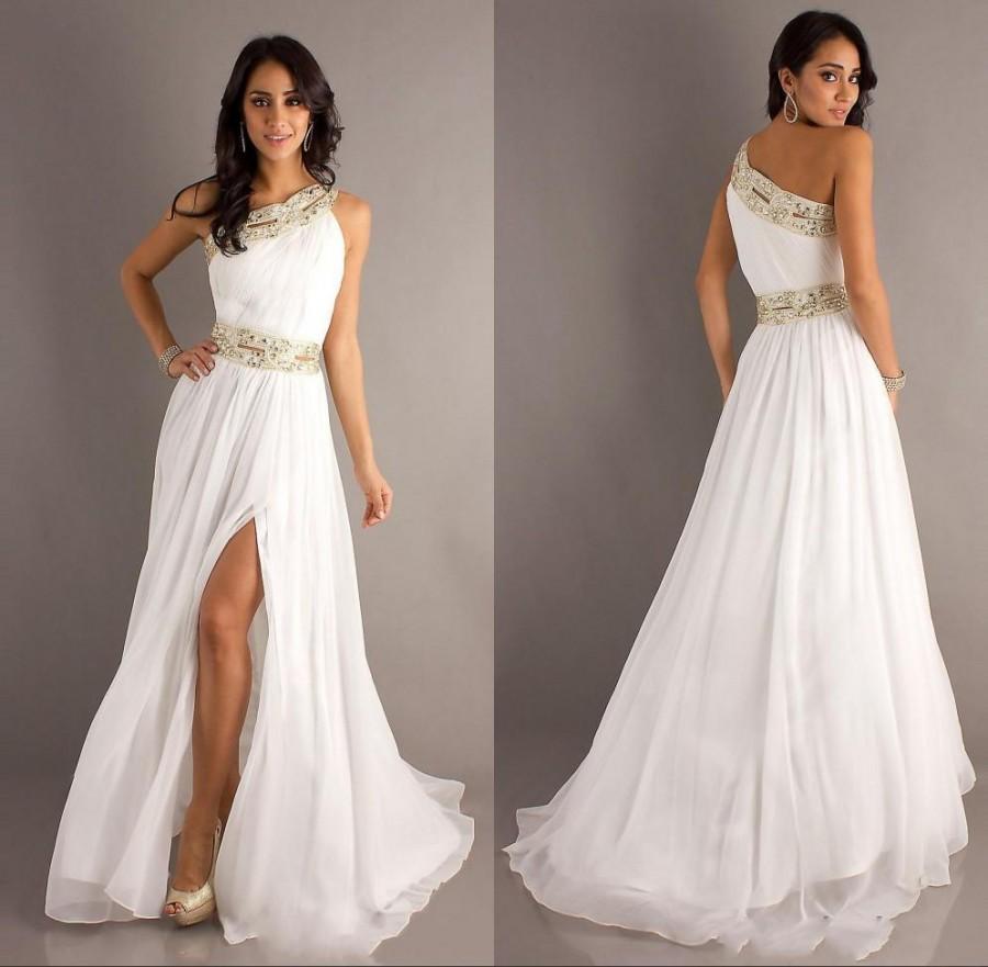 Mariage - 2015 New Arrival Sexy Long White Prom Party Dresses One Shoulder Side Slit Crystal Beaded Gold Belt Evening Gowns Ball Gowns A-Line Online with $104.14/Piece on Hjklp88's Store 