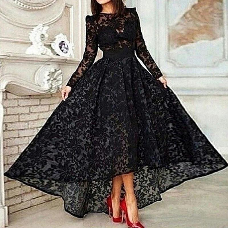 Mariage - Vestido 2015 Black Long A Line Prom Evening Dress Sheer Crew Neck Long Sleeve Lace Hi Lo Party Gown Special Occasion Dresses Evening Gown Online with $123.72/Piece on Hjklp88's Store 