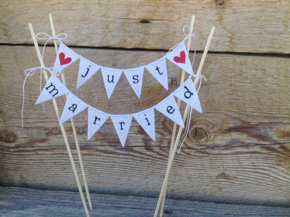 Wedding - Just Married lowercase Wedding Cake Topper Banner in natural cotton