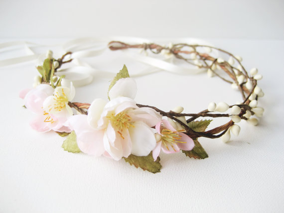 زفاف - Cherry blossom Flower crown, Rustic wedding hair accessories, Bridal headpiece, Floral headband, Pink, Wreath - SPRINGTIME
