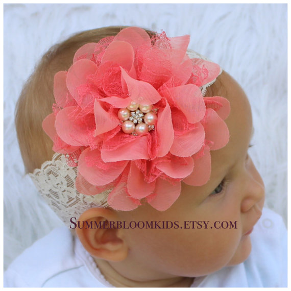 Hochzeit - Coral headband baby headband flower girl headband coral Girl headband, Infant headband Elastic lace headband Satin headband coral wedding
