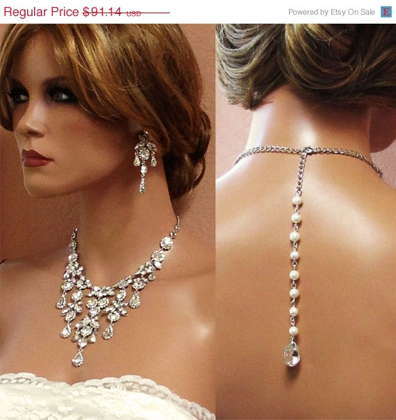زفاف - Bridal necklace, Vintage inspired bridal jewelry, Bridal back drop bib necklace , crystal pearl bridal statement, rhinestone jewelry