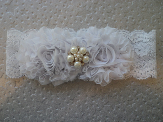 Свадьба - Ready to ship new baby infant girl white lace headband shabby chic chiffon flowers, "jewel", for baptism, wedding, Christening, Photo Prop.