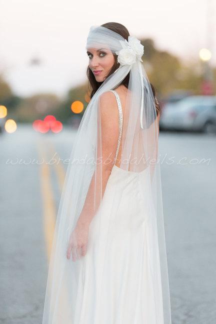 زفاف - 3 Piece Bridal Veil Set, Tulle Head Wrap, Tulle Tails w Silk Flower Headpiece, Wedding Veil, Bohemian Headband, Available in Custom Colors