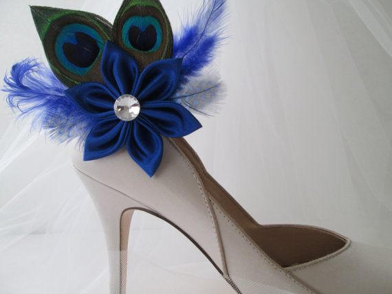 زفاف - Royal Blue Wedding Shoe Clips, Bridal Blue Wedding Shoe Clips, Bride's Peacock Feather Shoe Clip Fastener, Royal Blue Bride Shoe Accessories