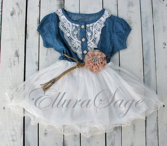 Mariage - Denim Flower Girl Dress, Navy White Toddler Girl Tutu Dress, Vintage Dress, Western Cowgirl Dress, Rustic Flower Girl Dress, Country Wedding
