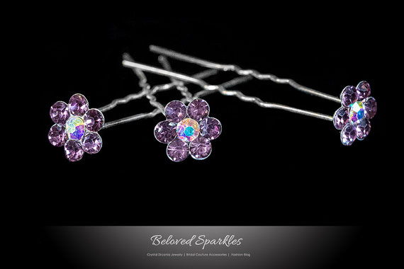 زفاف - Bridal Hair Pin, Purple Rhinestone Vintage Flower Cluster Wedding Hair Pin Lavender Crystal Bridesmaid Flowergirl Hair Piece Accessories
