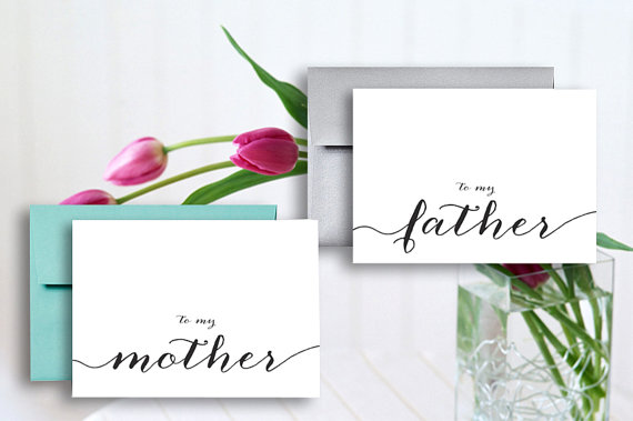 زفاف - 5x7 Thank You Wedding Cards  To My Father To my Mother Set of 2 - Calligraphy - Mr + Mrs  style - Anna c