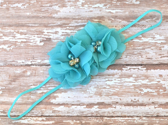 Wedding - Turquoise Flower Headband, Flower Girl Headband, Newborn Headband, Baby Girl Headband, Turquoise Wedding Headband,Turquoise Headband