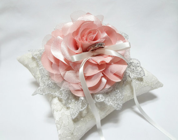 Hochzeit - Wedding ring pillow - Peach Pink  Ivory Lace Ring Pillow, ring bearer pillow, lace ring pillow