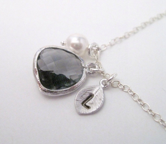 Wedding - Bridal Jewelry Gray Glass Pendant and Stamped Initial Bridesmaid Necklace