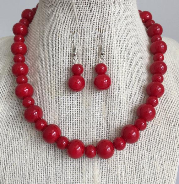 Wedding - Red Chunky Necklace and Earring Set, Red Glass Beaded Jewelry Set, Red Bridesmaid Jewelry Gift, Red Wedding Jewelry Set, Red Necklace