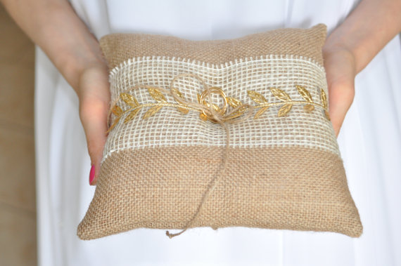 Hochzeit - Burlap Ring Pillow Gold leafs Burlap Bearer Pillow Ring Cushion with Lace Ring pillow Woodland / Rustic / Cottage style Weddings