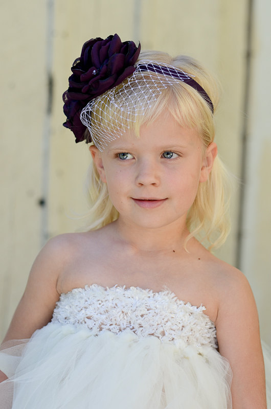 Wedding - Purple Flower Girl Headband, Russian Netting Birdcage, Pearl Beads, Plum, Custom