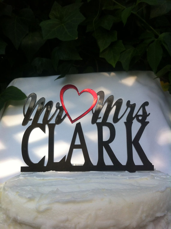 Wedding - Personalized Custom Monogram Mr and Mrs Heart Surname Last Name Wedding Cake Topper