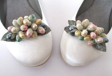 Wedding - Vintage shoe clips with frosted pastel miniature fruit and fabric leaves perfect for bridal