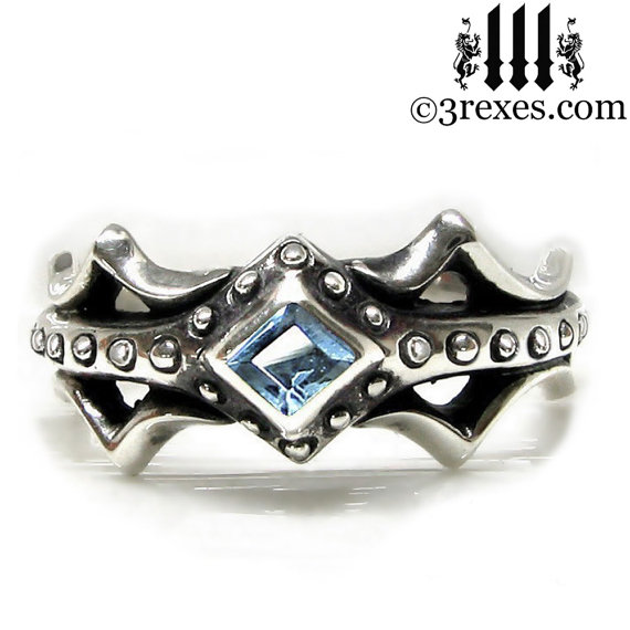 زفاف - Fairy Princess Silver Engagement Ring Blue Topaz Size 8