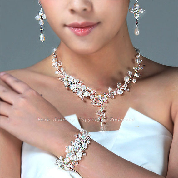 Wedding - Swarovski Pearl Bridal Jewelry Set - Necklace Bracelet Earrings, Crystals Rhinestone Ivory White Pearls Wedding Jewelry Sets for Brides