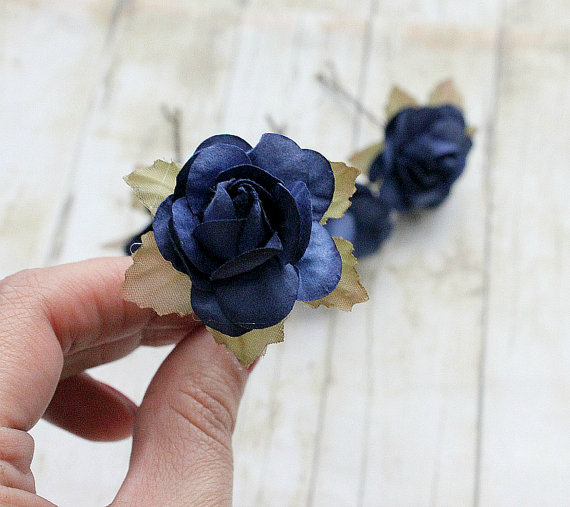 Hochzeit - Dark Blue Rose Flower Hair Pins. Bridesmaids, Bridal, Whimsical, Fall,Autumn, Weddings. Hair Clip, Bridal, Hair Accessories, Floral,
