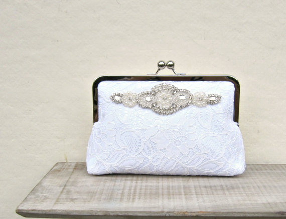 Mariage - White lace clutch, bridal clutch, great gatsby wedding, pearl and rhinestone white clutch, rhinestone clutch, bridesmaid clutch, white purse