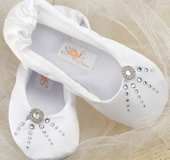 Wedding - Bridal Ballet Flats Bridal Ballerina Slippers Bridal Shoes in White Satin with Swarovski Crystals and Crystal Buttons