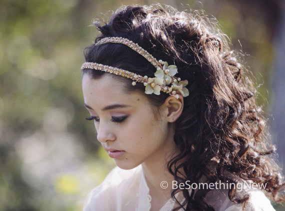 Hochzeit - Beaded Double Tie Blush Wedding Headband with Flowers and Beading , Boho Wedding Hair, Wedding Headpiece, Bridal Headband, Ribbon Tie