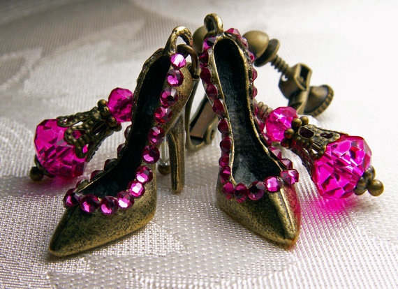 Hochzeit - Steampunk Earrings Hot Fuchisa Pink Crystal High Heel Shoe Antiqued Bronze Charm Titanic Temptations Jewelry Vintage Victorian Bridal Style