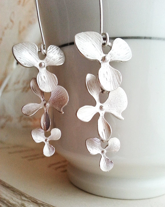Wedding - BUY 2 GET Any 1 FREE Matte Silver Orchid Trio Earrings Orchid Earrings Bridesmaid Earrings Bridal Jewelry Silver Earrings Dangle Earrings