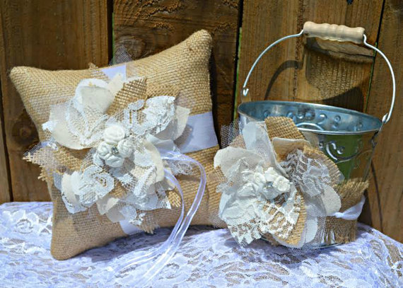 Hochzeit - PERSONALIZED Burlap Lace Ring Pillow and Flower Girl Basket Bucket Pail, Custom burlap ring pillow, Ring Pillow and Flower Basket Set