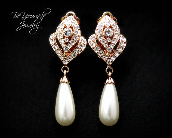 Wedding - Clip On Earrings Teardrop Pearl Bridal Earrings Sparkly Rose Gold White Crystal Earrings Off White Pearls Bridesmaid Wedding Pearl Jewelry