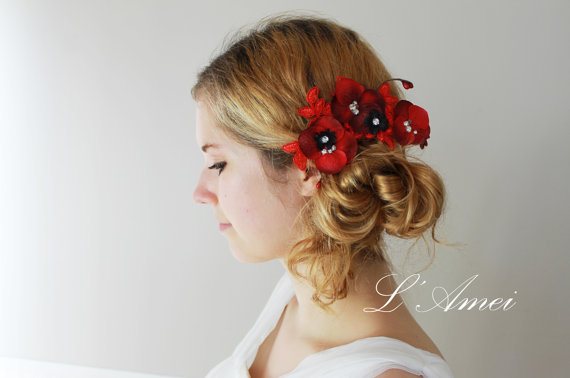 Wedding - Embroidered Red Lace Wedding Bridesmaid Flower Hair Clip with Rhinestone  Bridal Hair Accessory