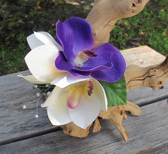 Hochzeit - Hawaiian - Tropical  White and Purple Orchids hair clip - Wedding- real touch orchids -
