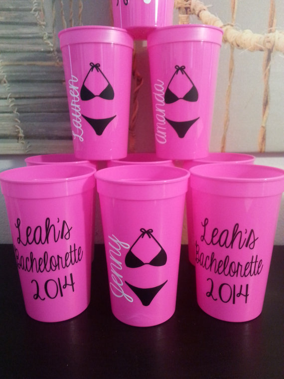 Hochzeit - Bride bridesmaids bikini monogram and name personalized bachelorette cups you choose your cup color and vinyl color