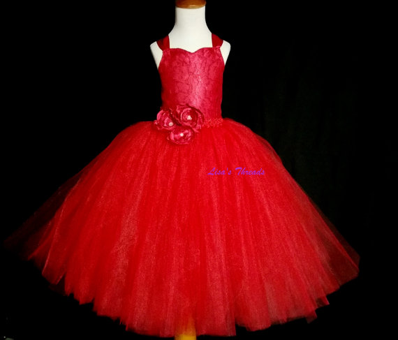 Mariage - Red flower girl dress/ Red lace corset dress/ Vintage flower girl tutu dress/ Junior bridesmaids dress