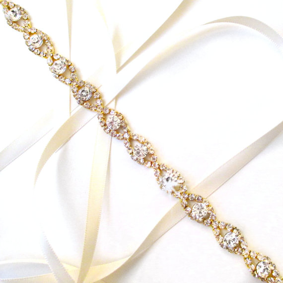 Wedding - Lush Rhinestone Ribbon Bridal Headband in Gold - White or Ivory Satin - Gold and Crystal Wedding Headband