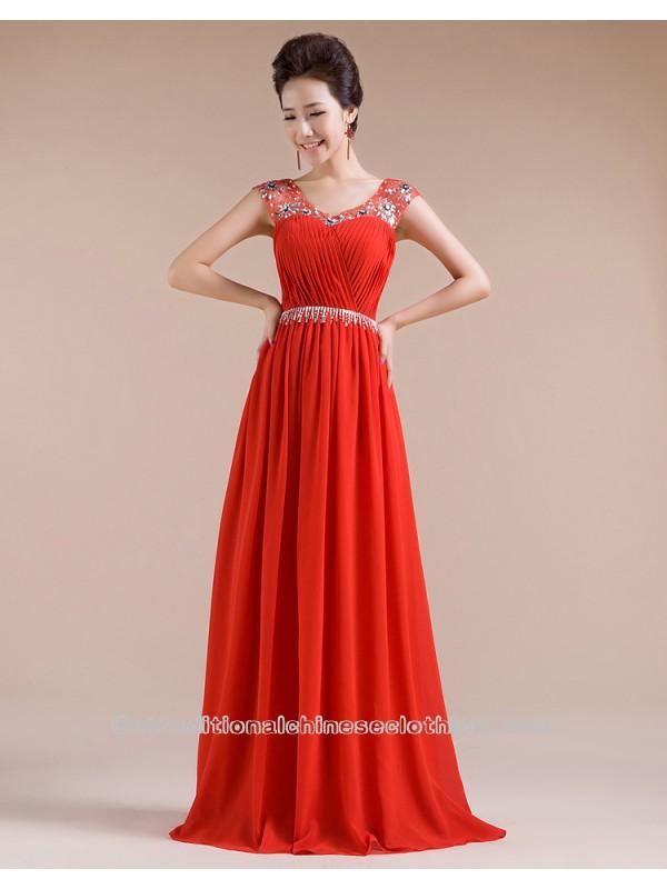 زفاف - Long chiffon floor length A-line evening dress Chinese bridal wedding gown (3 colors)