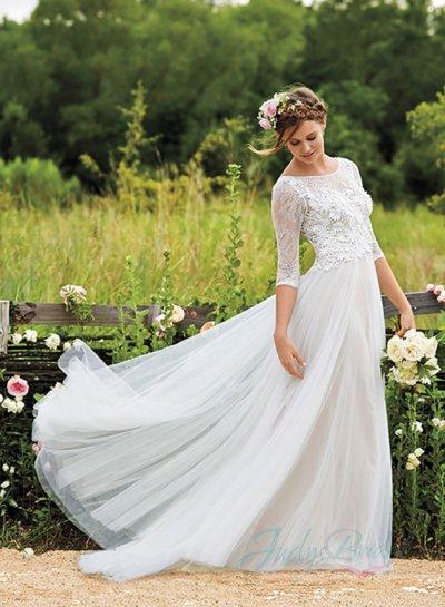 Wedding - JOL263 Romantic bateau neck illusion lace back long sleeves wedding dress