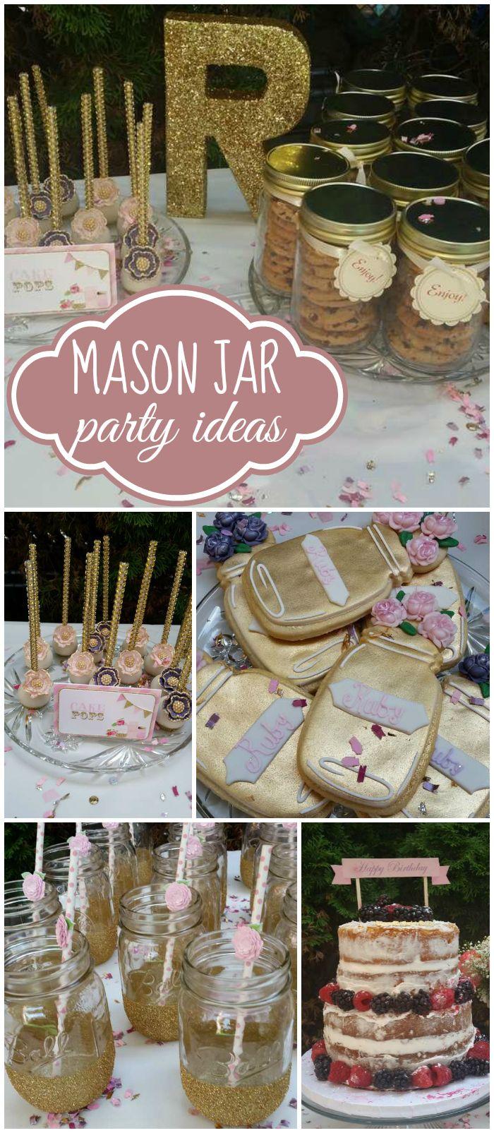 Hochzeit - Pink And Gold Mason Jar Vintage / Birthday "Ruby's Mason Jar Vintage Birthday"