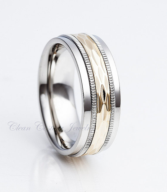Wedding - Titanium Wedding Band,Titanium Wedding Ring,Anniversary Ring,Engagement Band,Custom Titanium Ring,14k Yellow Gold,Comfort Fit,Hammered