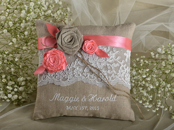 Wedding - Lace Linen Wedding Pillow, Coral  Ring Bearer Pillow Embroidery Names, shabby chic natural linen