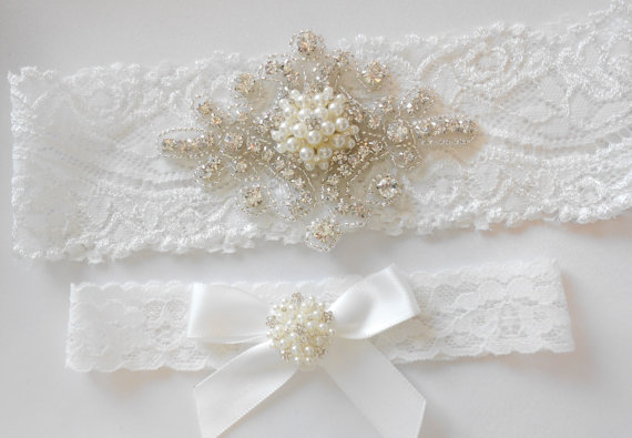 Свадьба - TARA Wedding Garter Set Pearl Cluster Rhinestone Applique on Light Ivory Stretch Bridal Garter Set
