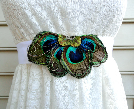 Mariage - HALEY Peacock Feather Flower Bridal Wedding Sash