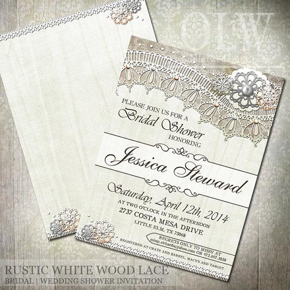 Hochzeit - Rustic White Wood LaceBridal Shower Invitations - Digital File Printable - DIY Wedding Shower Invitations 
