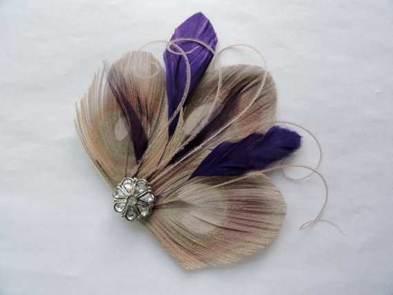 زفاف - CICILY Gray and Purple Peacock Feather Hair Clip, Feather Fascinator