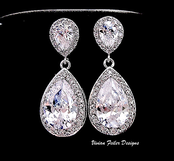 Свадьба - Bridal Earrings Wedding Jewelry Cubic Zirconia Tear Drop Bling Prom Earrings Wedding Jewellery