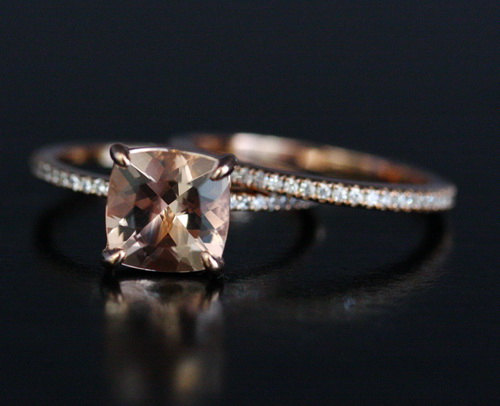 Wedding - RESERVED For Kerri Aquamarine Engagement Ring Diamond Wedding Band Set 14k Rose Gold Cushion 8mm and Diamond Half Eternity Ring