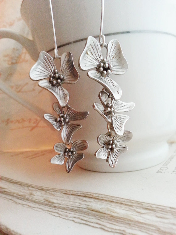Свадьба - BUY 2 GET Any 1 FREE Matte Silver Orchid Flower Earrings Silver Orchid Trio Earrings Dangle Earrings Bridal Earrings Bridesmaid Jewelry
