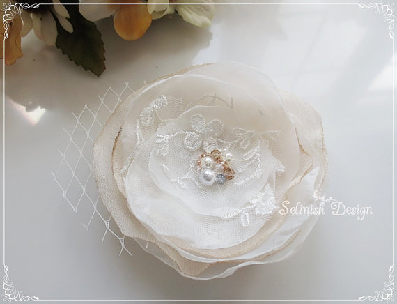 Wedding - Ivory Wedding Flower Hair Clip, Bridal Flower Hairclip, Champagne Bridal Hair Flowers, Nude Lace Fabric Flower