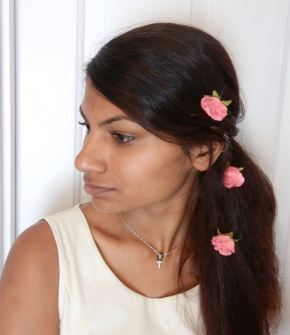 Mariage - Pink rose hair pins clips wedding summer bridal hair accessories floral flower 