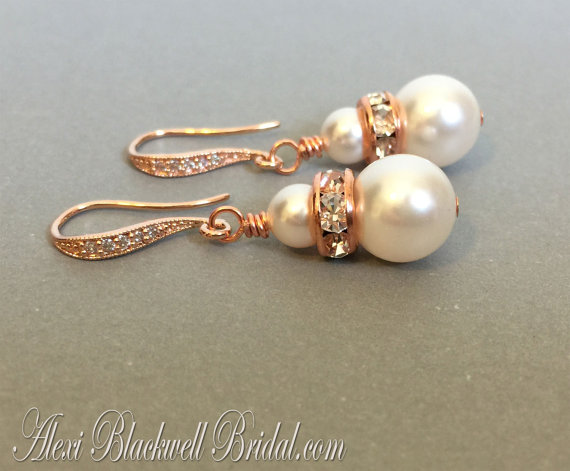 Wedding - Rose Gold Pearl Earrings Bridal Wedding earrings with CZ rhinestone hooks your choice of color blush wedding jewelry